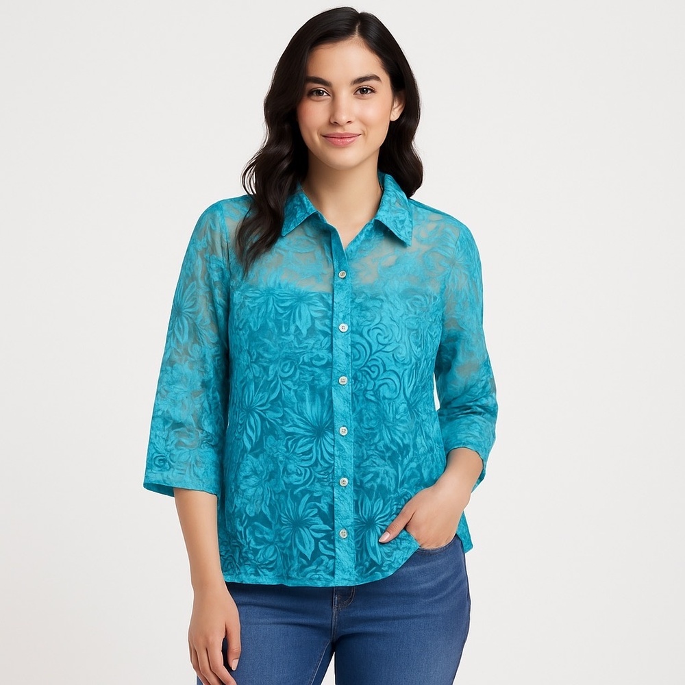 Turquoise Floral Lace Button-Front Blouse